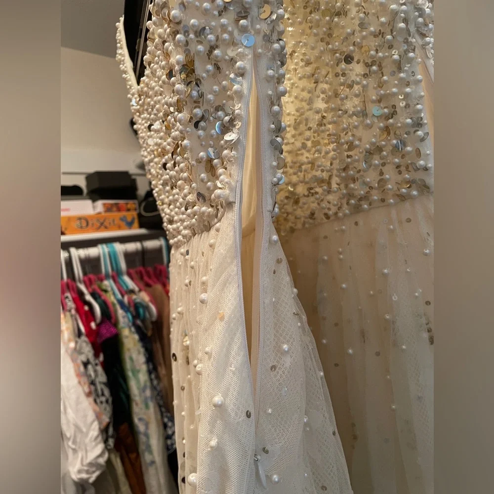 Free People Champagne Shine So Bright Dress Tulle Lace Beads Pearls Size 2 - Picture 4 of 10